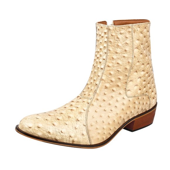 LIBERTYZENO Men's Ostrich Print Leather High Ankle Zipper Retro Beige Boots - Picture 8 of 8